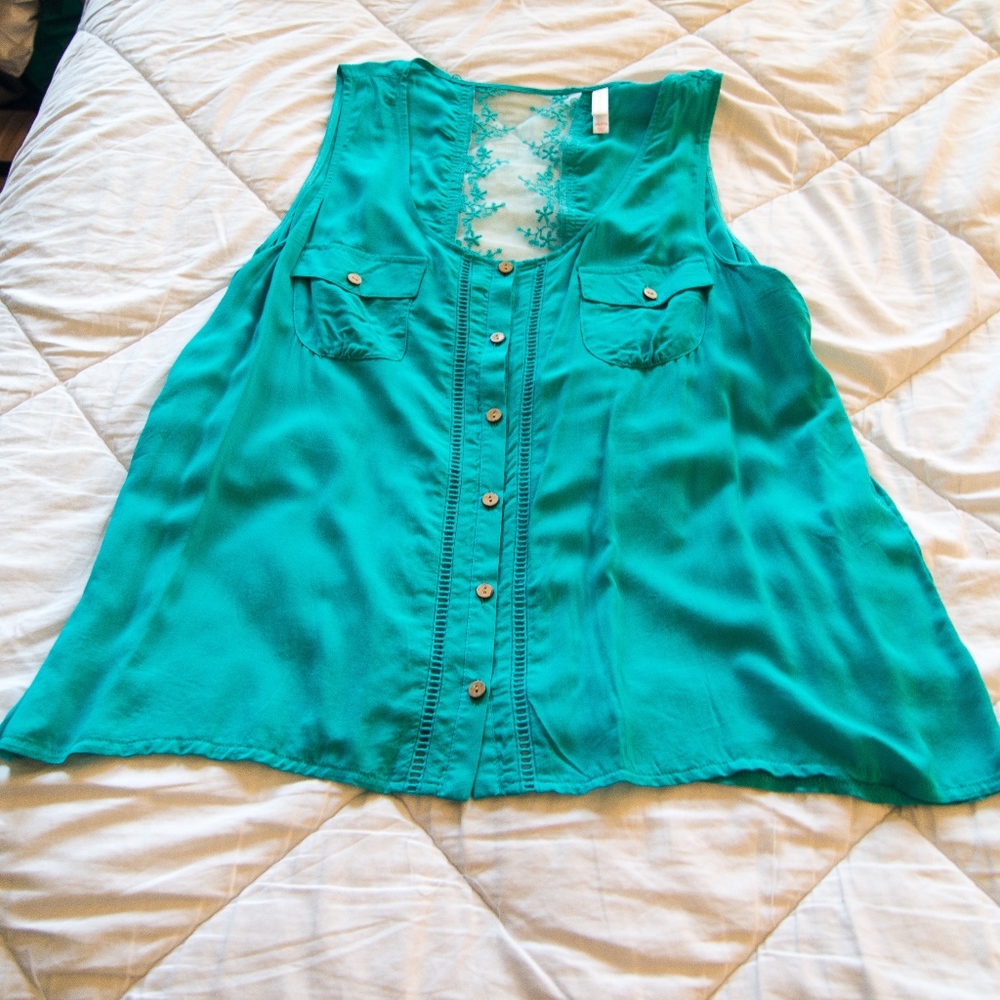 Turquoise Lace Panel Buttoned Sleeveless Blouse